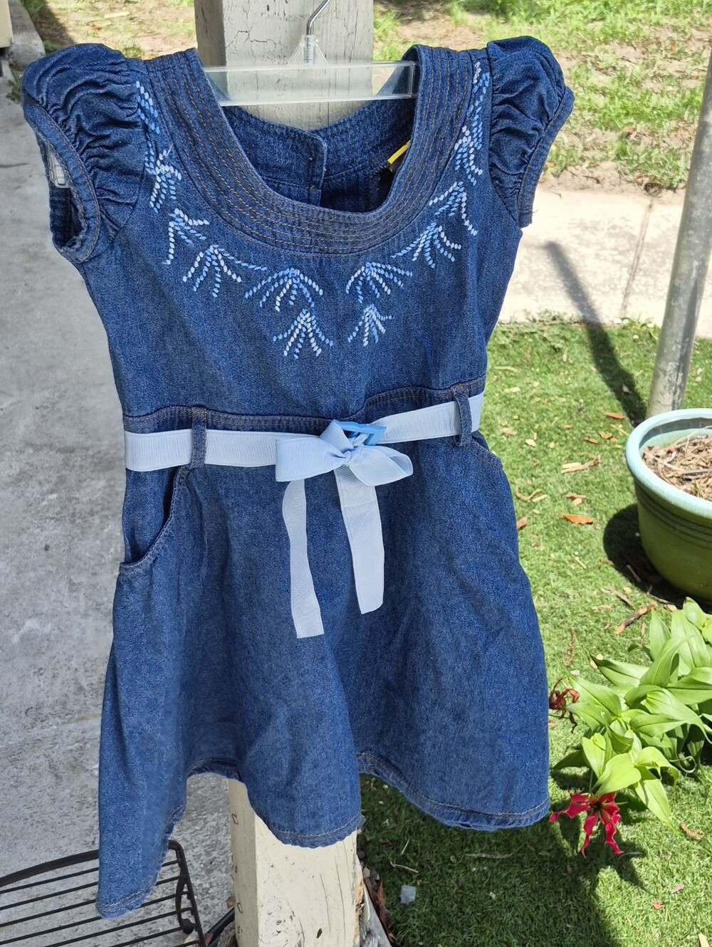Girls Daffodil Denim Dress with Blue Embroidery and Bow